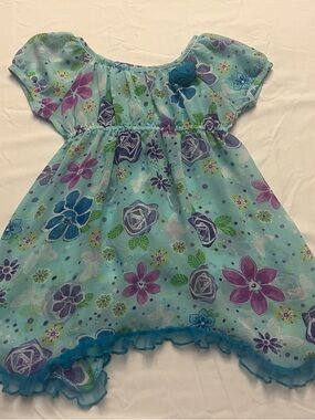 Beautees Aqua Floral Chiffon Dress with Purple & Blue Flowers